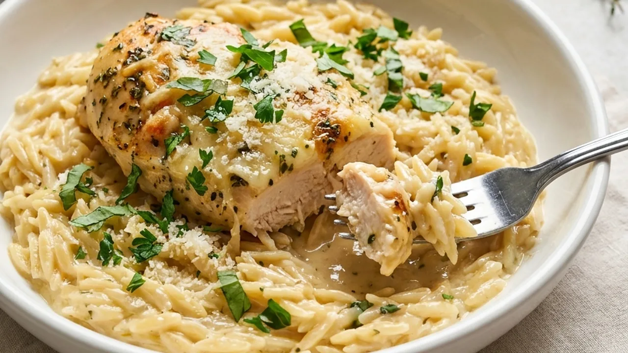 Slow Cooker Parmesan Herb Chicken & Orzo finished recipe