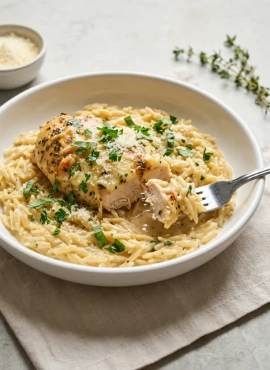 Slow Cooker Parmesan Herb Chicken & Orzo finished recipe