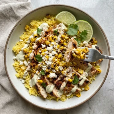 Street Corn Chicken Rice Bowls finished recipe