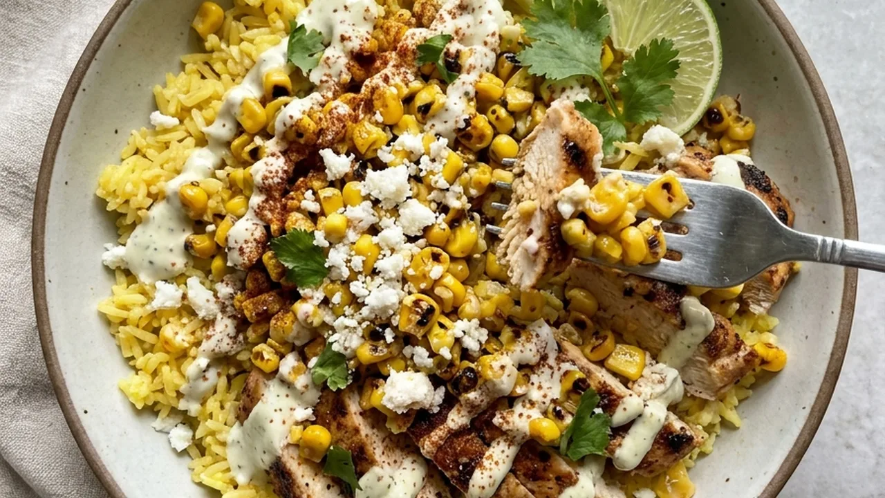 Street Corn Chicken Rice Bowls finished recipe