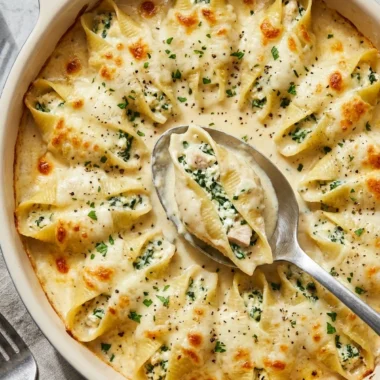 Chicken Alfredo Stuffed Shells finished recipe