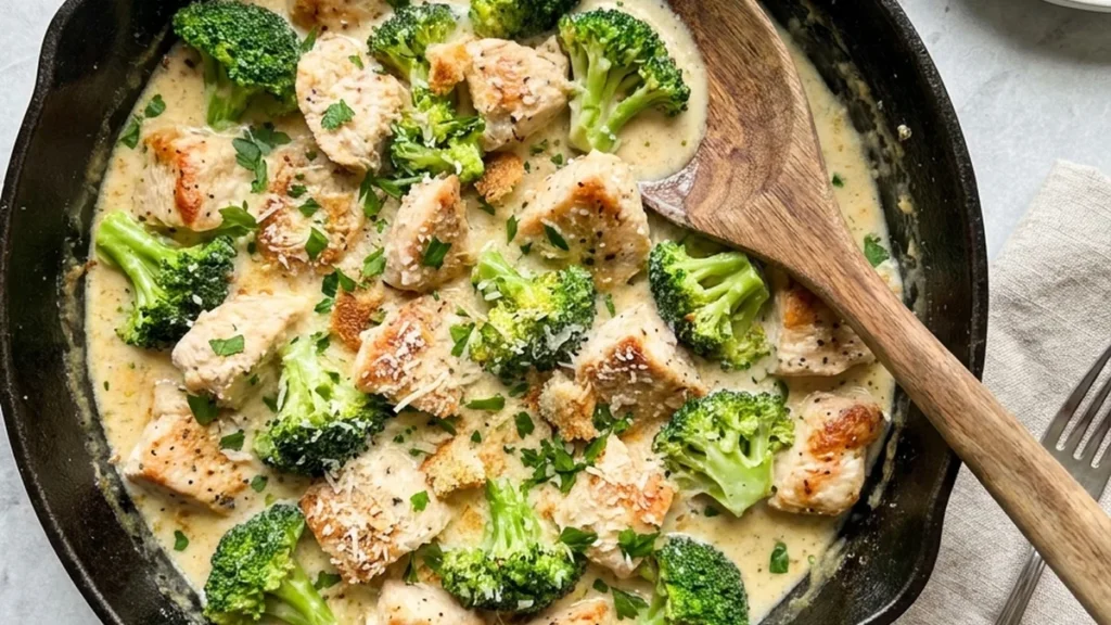 Chicken and Broccoli Skillet with Creamy Garlic Sauce finished recipe