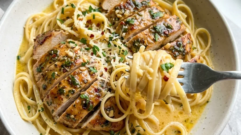 Cowboy Butter Chicken Linguine with Garlic and Herbs finished recipe