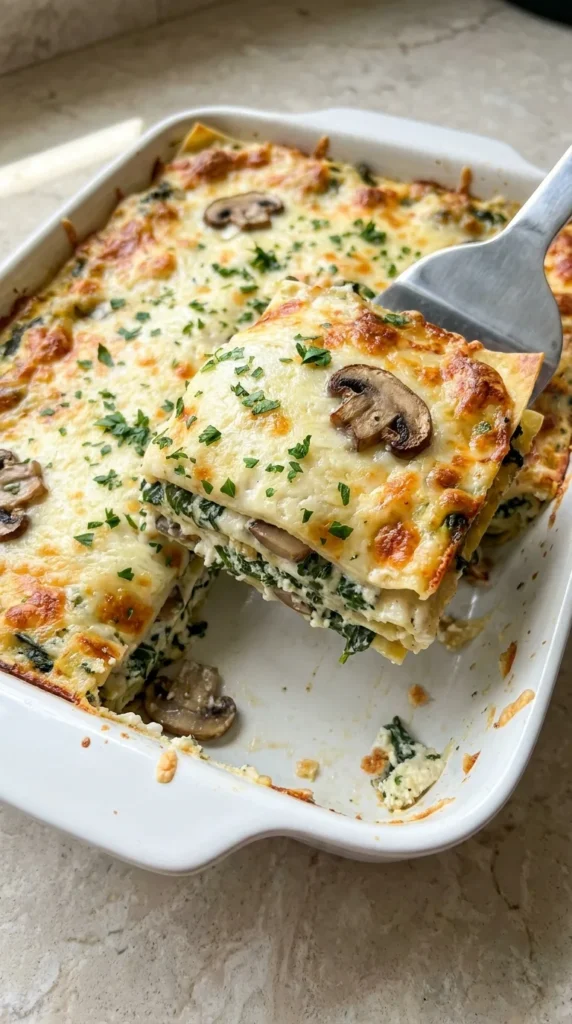 Creamy Spinach & Mushroom Lasagna full finished recipe