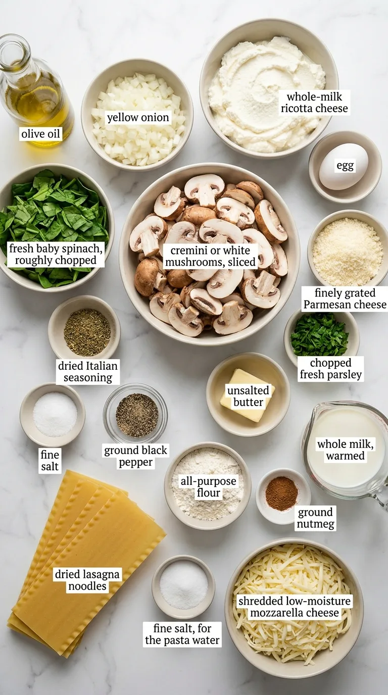 Creamy Spinach & Mushroom Lasagna ingredients