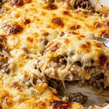French Onion Ground Beef and Rice Casserole finished recipe