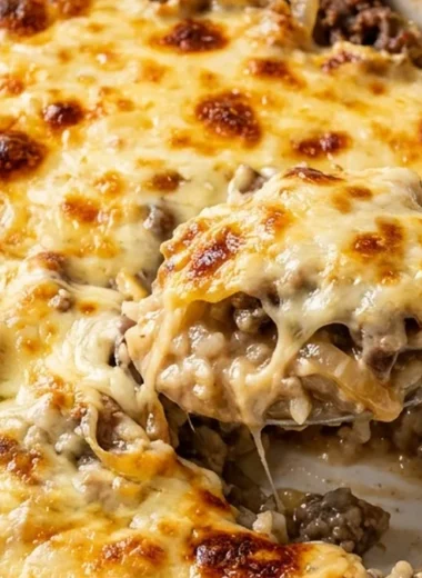 French Onion Ground Beef and Rice Casserole finished recipe