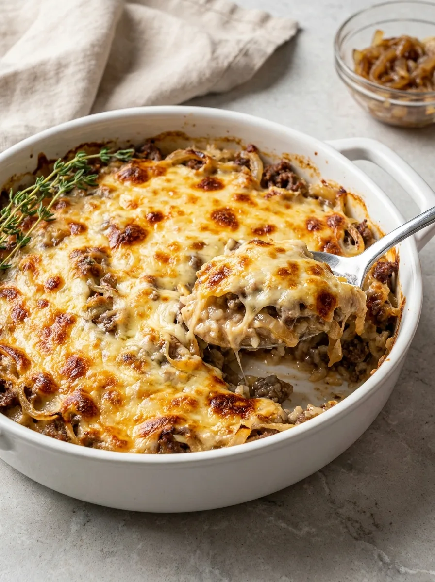 French Onion Ground Beef and Rice Casserole featured image