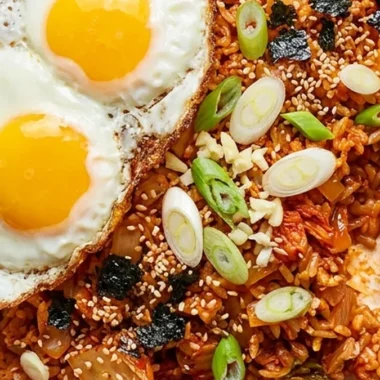 Kimchi Fried Rice with Fried Eggs finished recipe