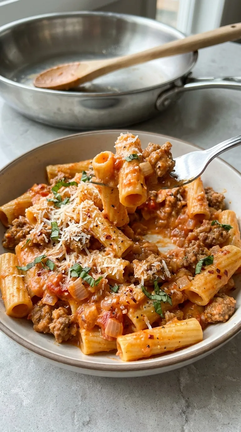 Rigatoni with Sausage in Creamy Tomato Sauce final dish