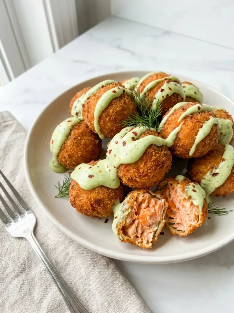 Salmon Balls with Creamy Avocado Sauce full finished recipe