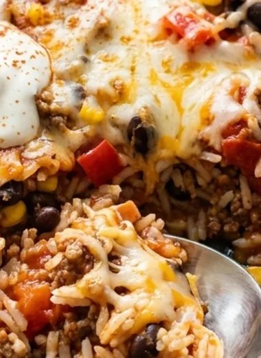 Skillet Taco Rice with Ground Beef and Cheese finished recipe