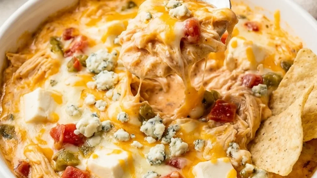 Slow Cooker Buffalo Chicken Rotel Dip finished recipe