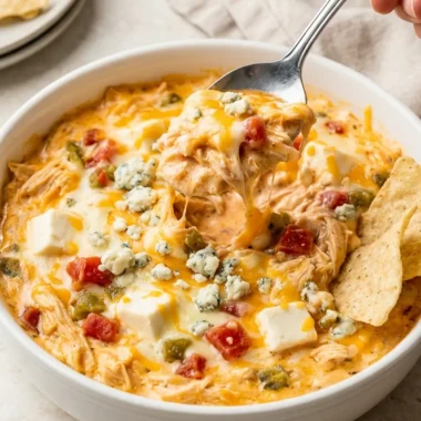 Slow Cooker Buffalo Chicken Rotel Dip finished recipe