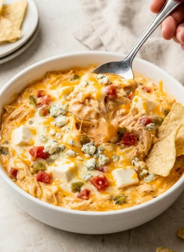 Slow Cooker Buffalo Chicken Rotel Dip finished recipe