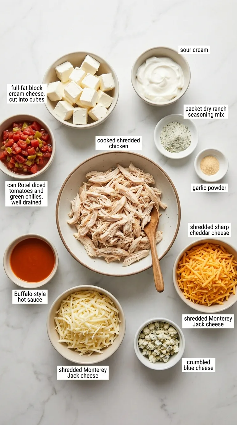Slow Cooker Buffalo Chicken Rotel Dip ingredients