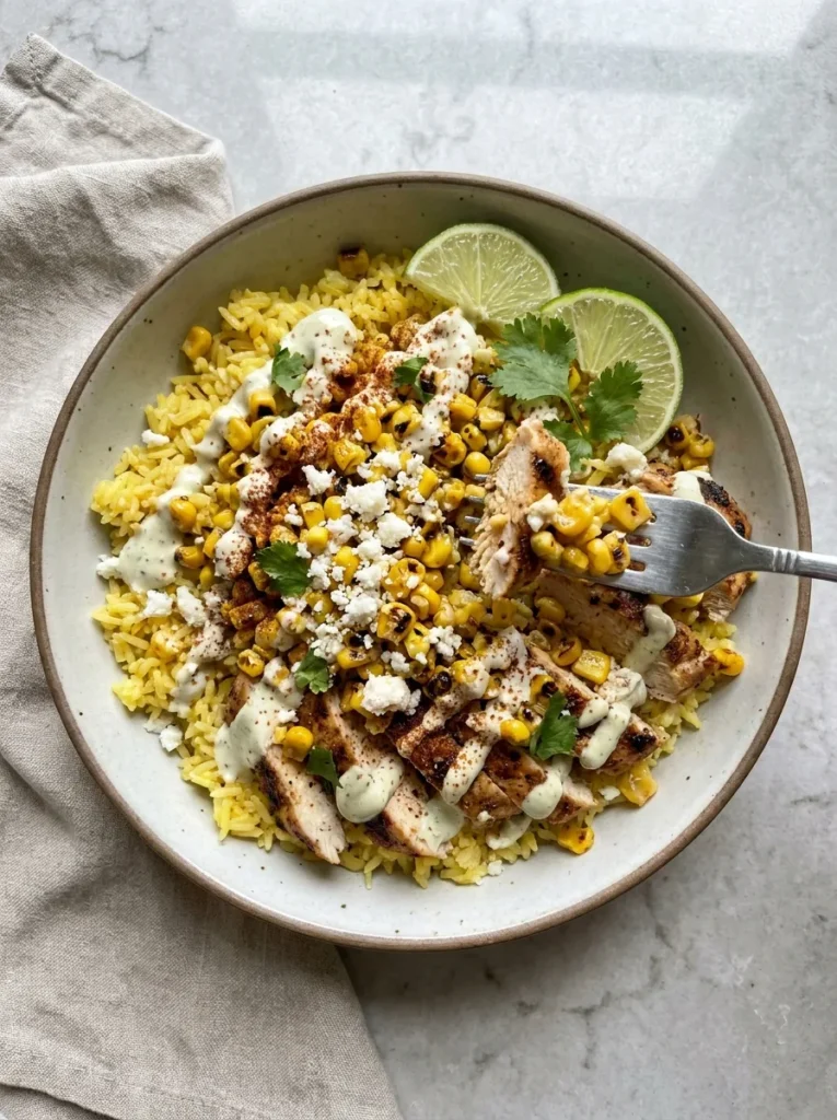 Street Corn Chicken Rice Bowls full finished recipe