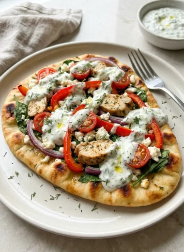 Tzatziki Chicken Veggie Naan Pizza finished recipe