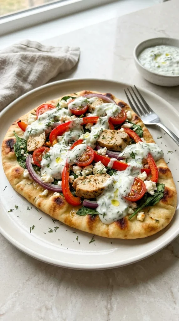Tzatziki Chicken Veggie Naan Pizza full finished recipe