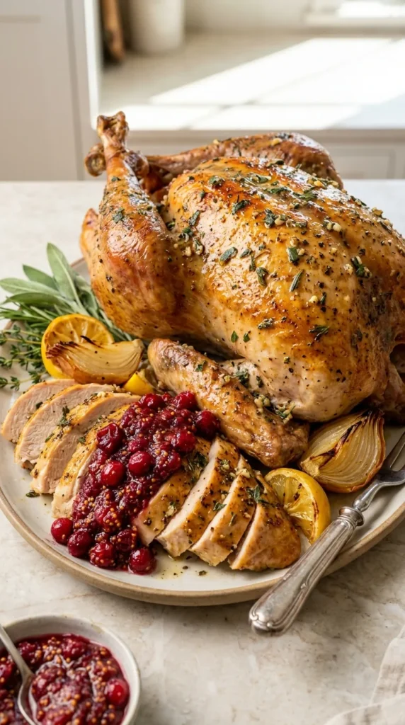 Brown Butter Herb Roasted Turkey with Cranberry Mustarda full finished recipe