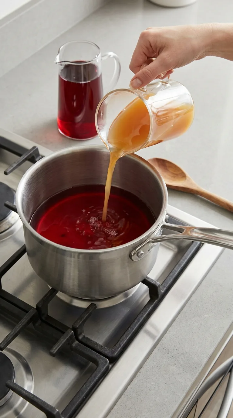 A festive glass mug filled with hot spiced cranberry cider, fresh cranberries, and a slice of orange. - View 2