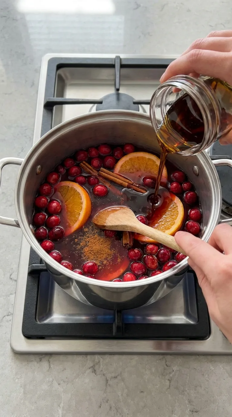 A festive glass mug filled with hot spiced cranberry cider, fresh cranberries, and a slice of orange. - View 3