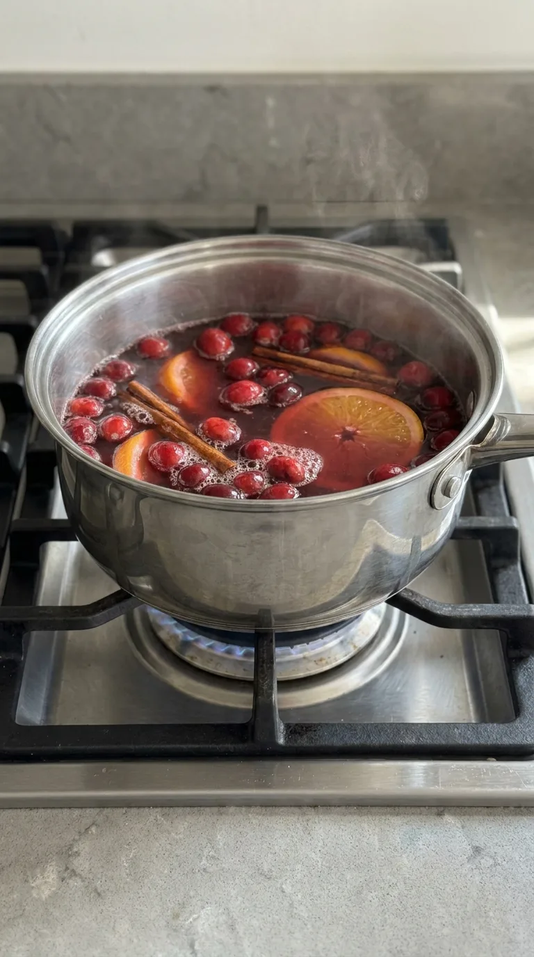 A festive glass mug filled with hot spiced cranberry cider, fresh cranberries, and a slice of orange. - View 4