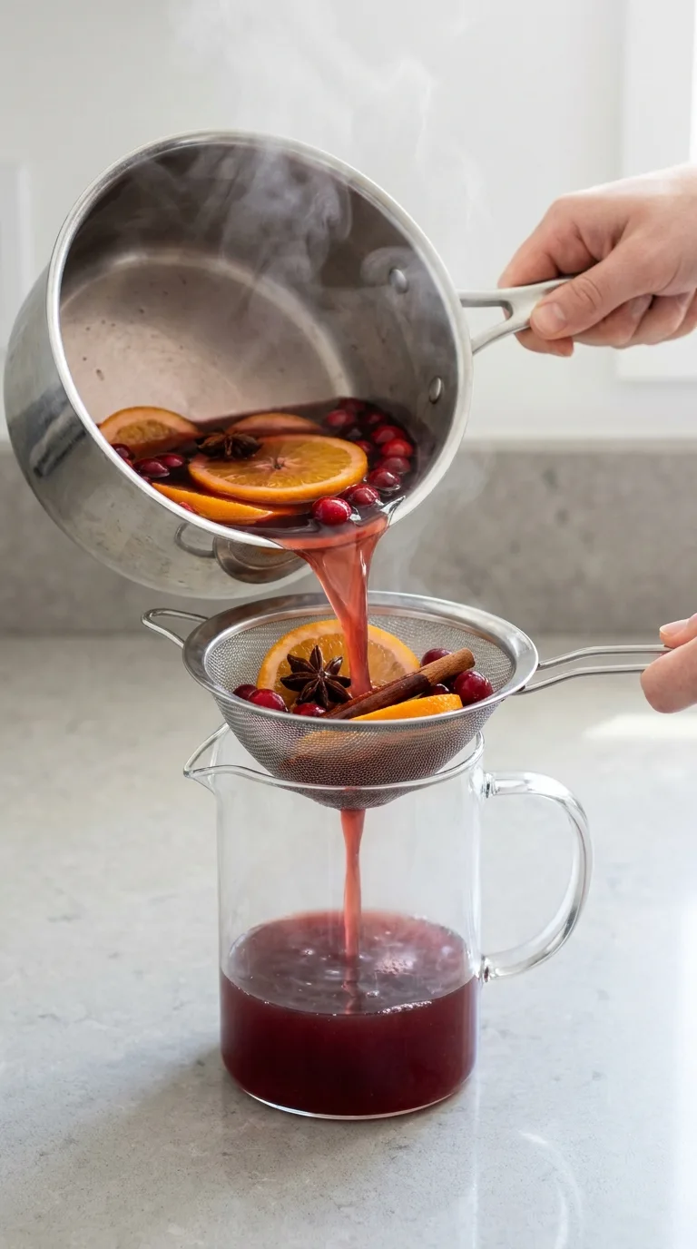 A festive glass mug filled with hot spiced cranberry cider, fresh cranberries, and a slice of orange. - View 5