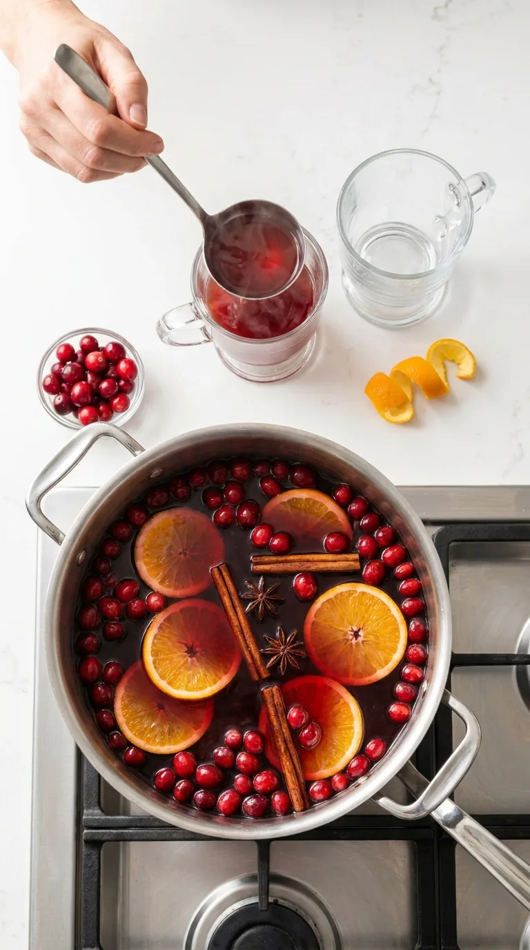 A festive glass mug filled with hot spiced cranberry cider, fresh cranberries, and a slice of orange. - View 6