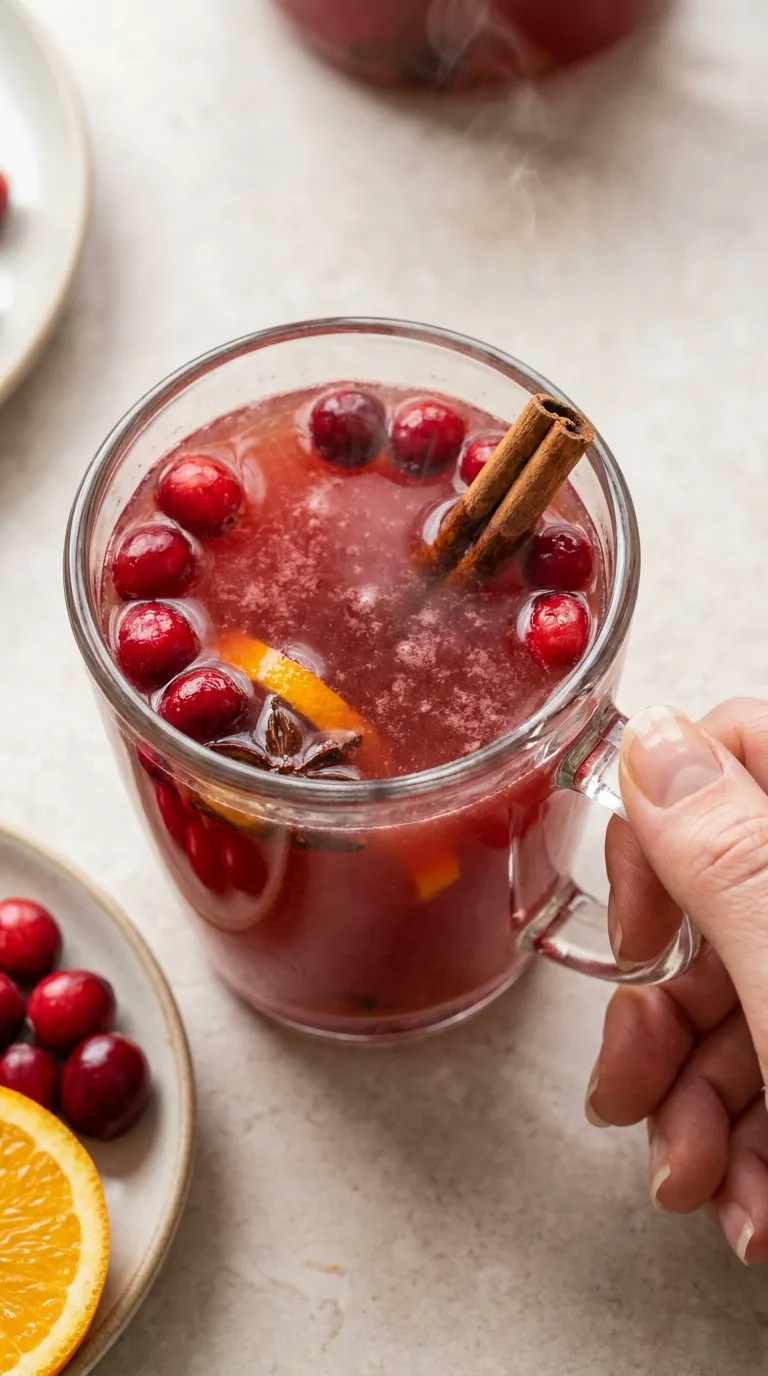 A festive glass mug filled with hot spiced cranberry cider, fresh cranberries, and a slice of orange. - View 7