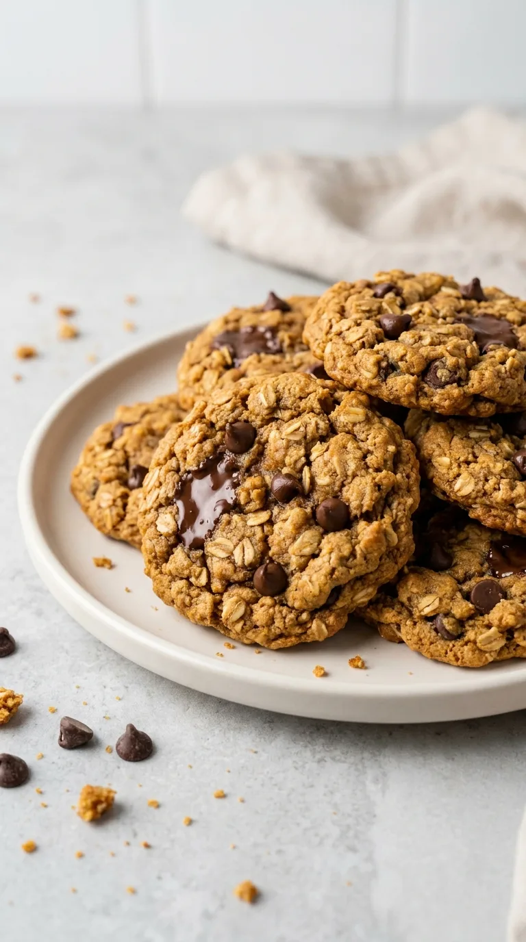 Soft and chewy pumpkin oatmeal cookies studded with melting chocolate chips, stacked on a wooden board.