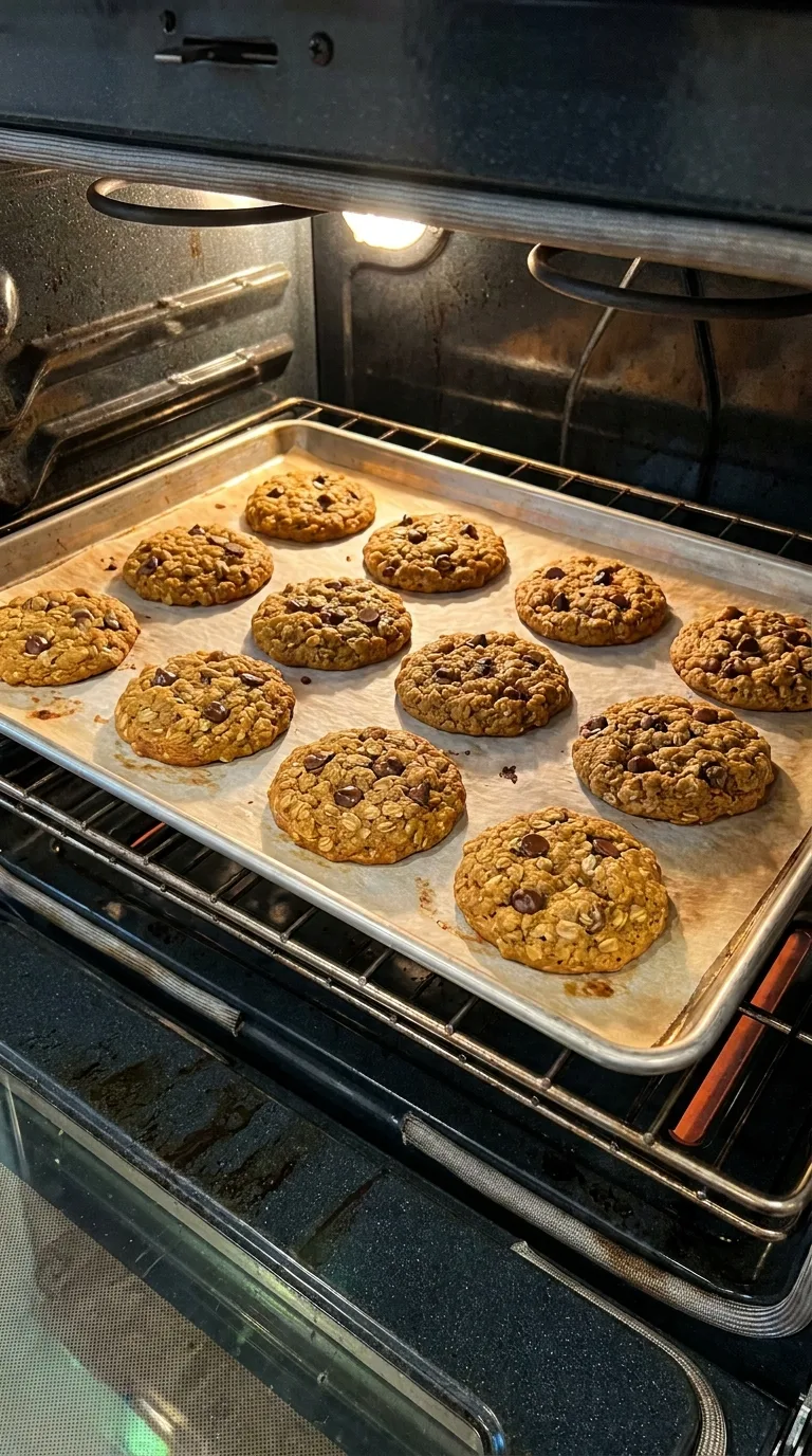 Soft and chewy pumpkin oatmeal cookies studded with melting chocolate chips, stacked on a wooden board. - View 7