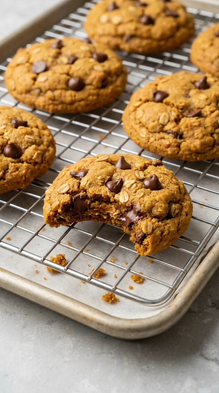 Soft and chewy pumpkin oatmeal cookies studded with melting chocolate chips, stacked on a wooden board. - View 8