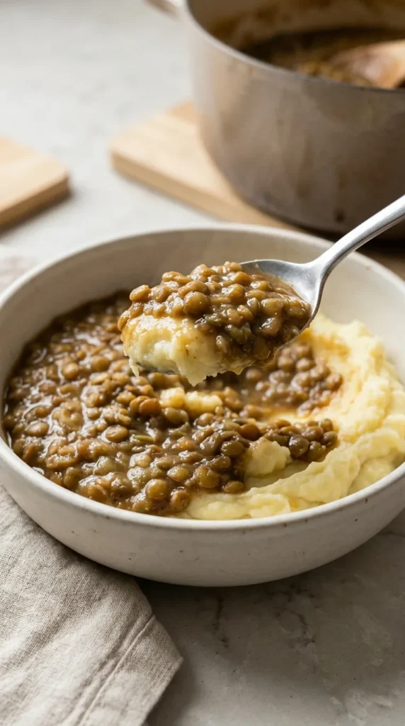 Hearty Lentil Stew on Creamy Mash full finished recipe