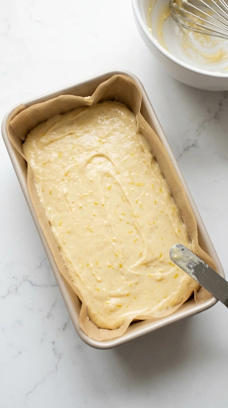 Lemon Glazed Loaf Cake step 6 batter in the loaf pan