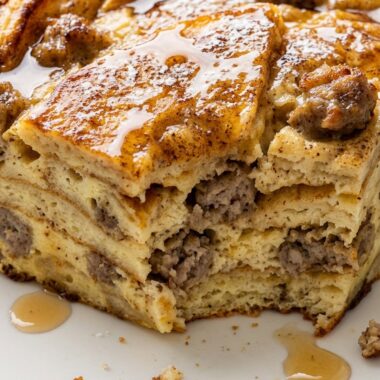 Overnight Sausage Pancake Breakfast Casserole finished recipe