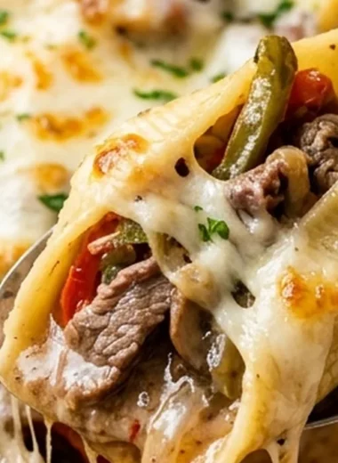 Philly Cheese Steak Stuffed Shells finished recipe