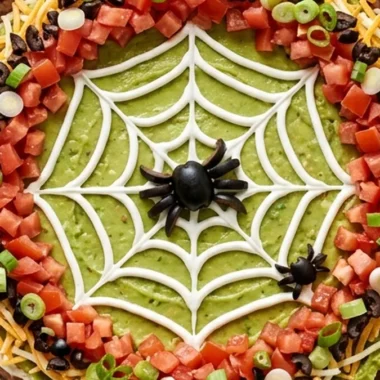 Spooktacular Halloween Spiderweb 7-Layer Dip finished recipe