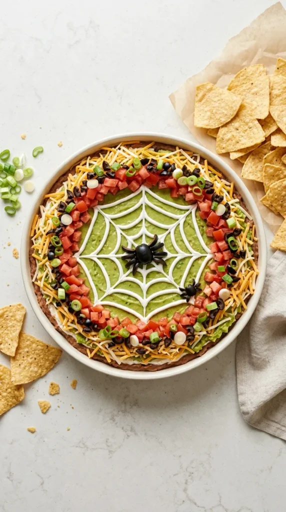 Spooktacular Halloween Spiderweb 7-Layer Dip full finished recipe