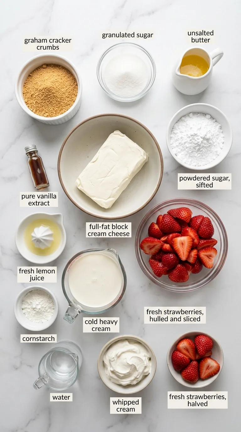 Strawberries and Cream Cheesecake ingredients